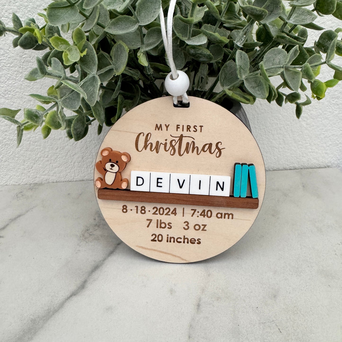 Birth Stat Baby's First Christmas Ornament Bear on a Shelf