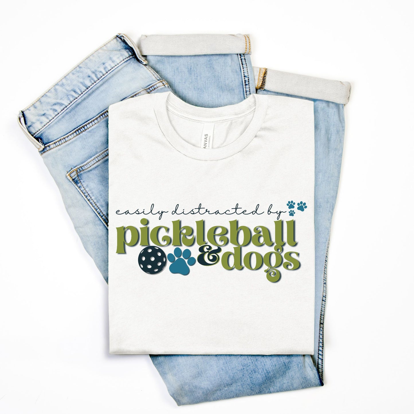 Easily Distracted by Pickleball and Dogs Green/Navy on Light T-shirt